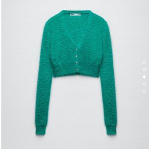 ZARA FAUX FUR KNIT JACKET GREEN / BLUE SIZE L